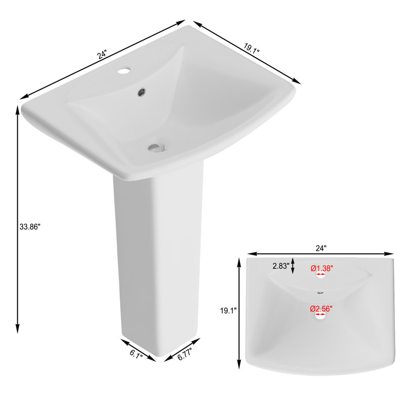 TOBILI 26'' Tall White Ceramic Rectangular Pedestal Bathroom Sink with